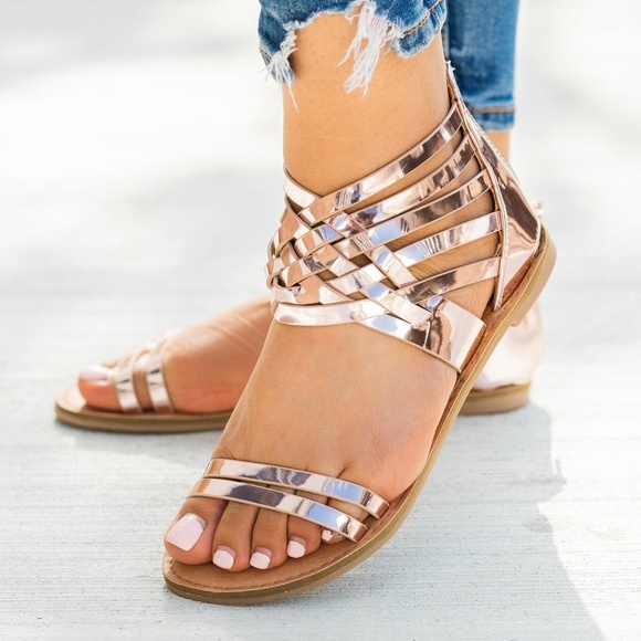 Rose Pink Metallic Strappy Gladiator Sandals Metallic Sandals - Picture 2 of 8